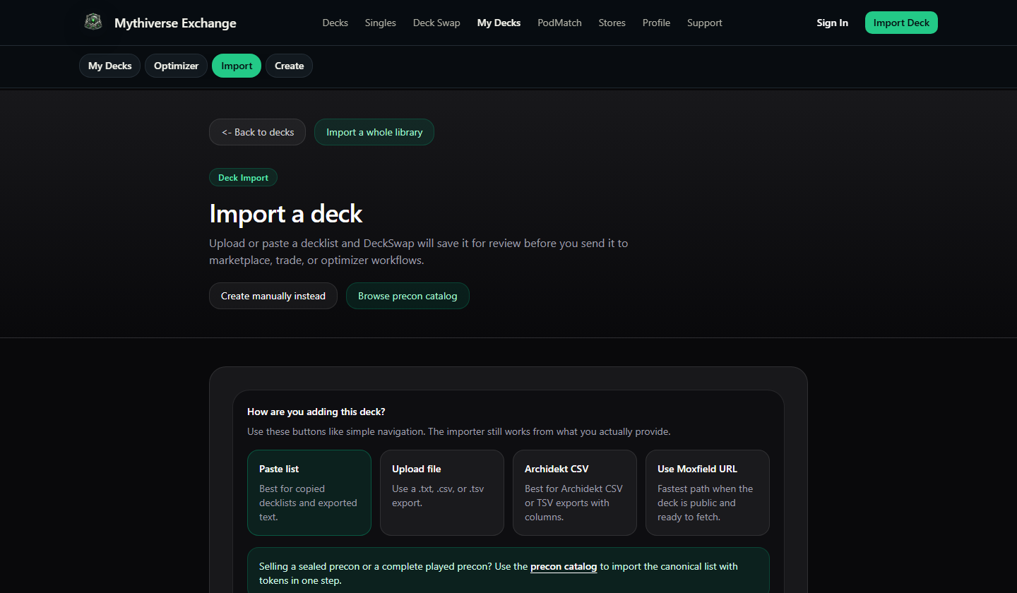 Screenshot of the Mythivex deck import workflow