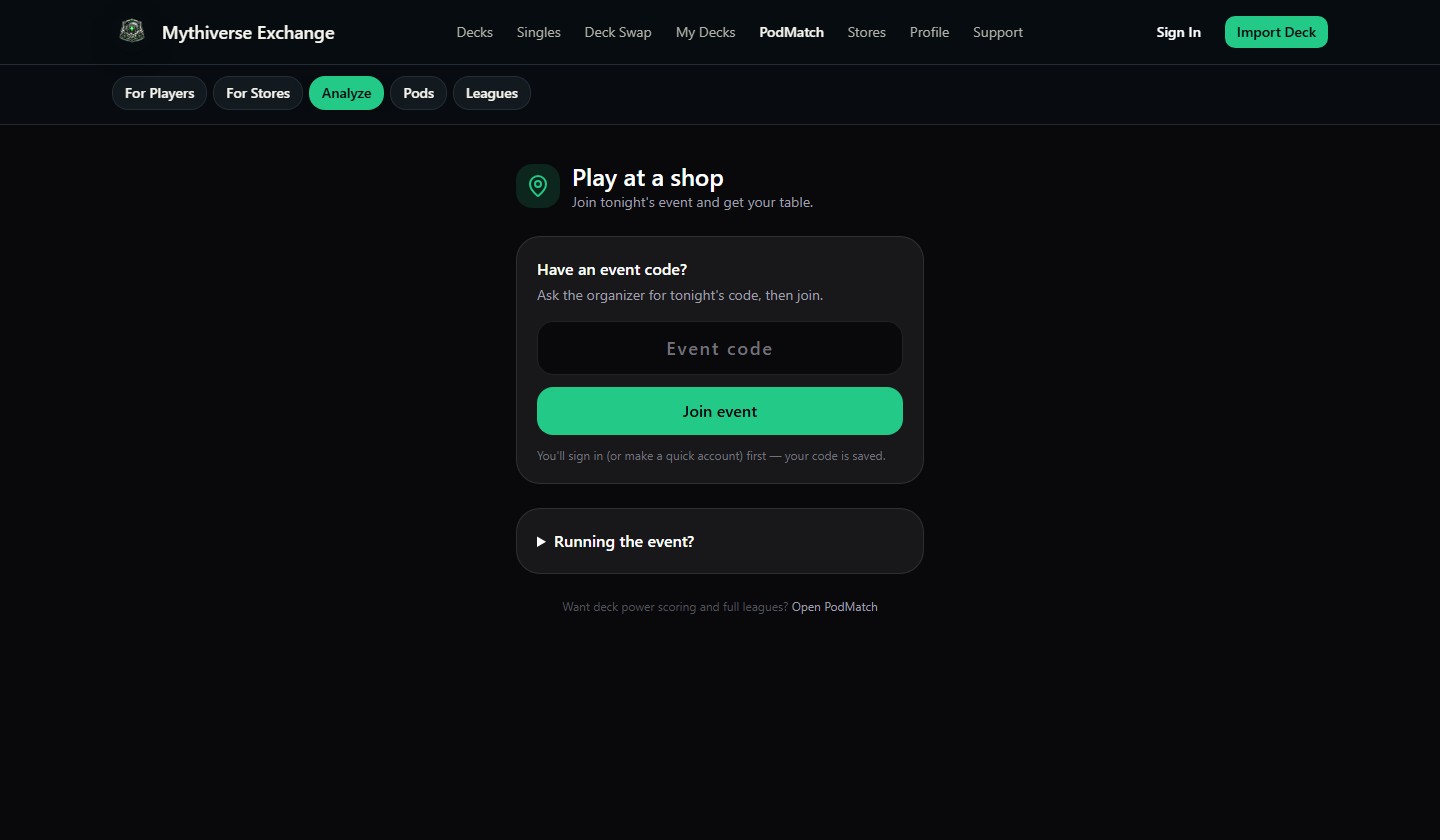 Screenshot of the PodMatch event join screen